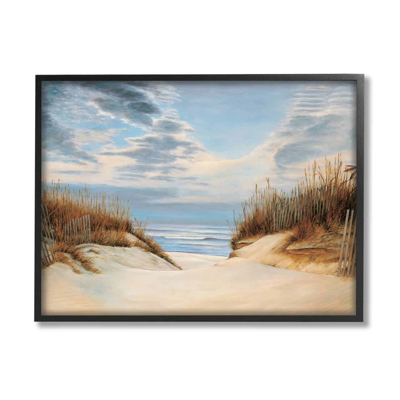 Stupell Industries Alluring Cloudy Beach Path Wooden Fence Tall Grass in Black Frame Wall Art